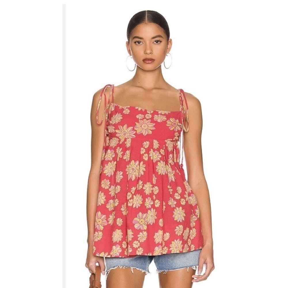 Free People Tunic Top L Floral Babydoll Cami Tassel Tie Strap Festival Boho